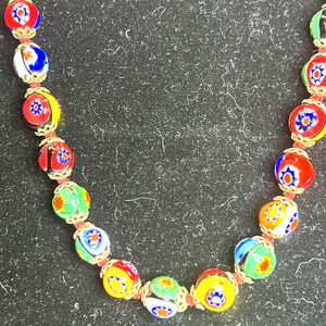 Vintage Italian Millefiori Murano Glass Necklace – Venetian Beads, Barrel Clasp
